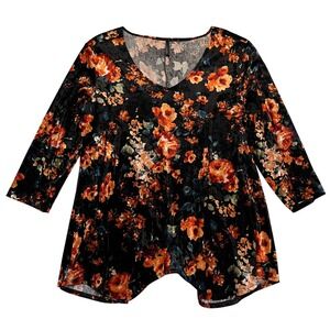 Black Moody Floral Velvet Burnout V Neck Bohemian Whimsygoth Tunic Top Size XL